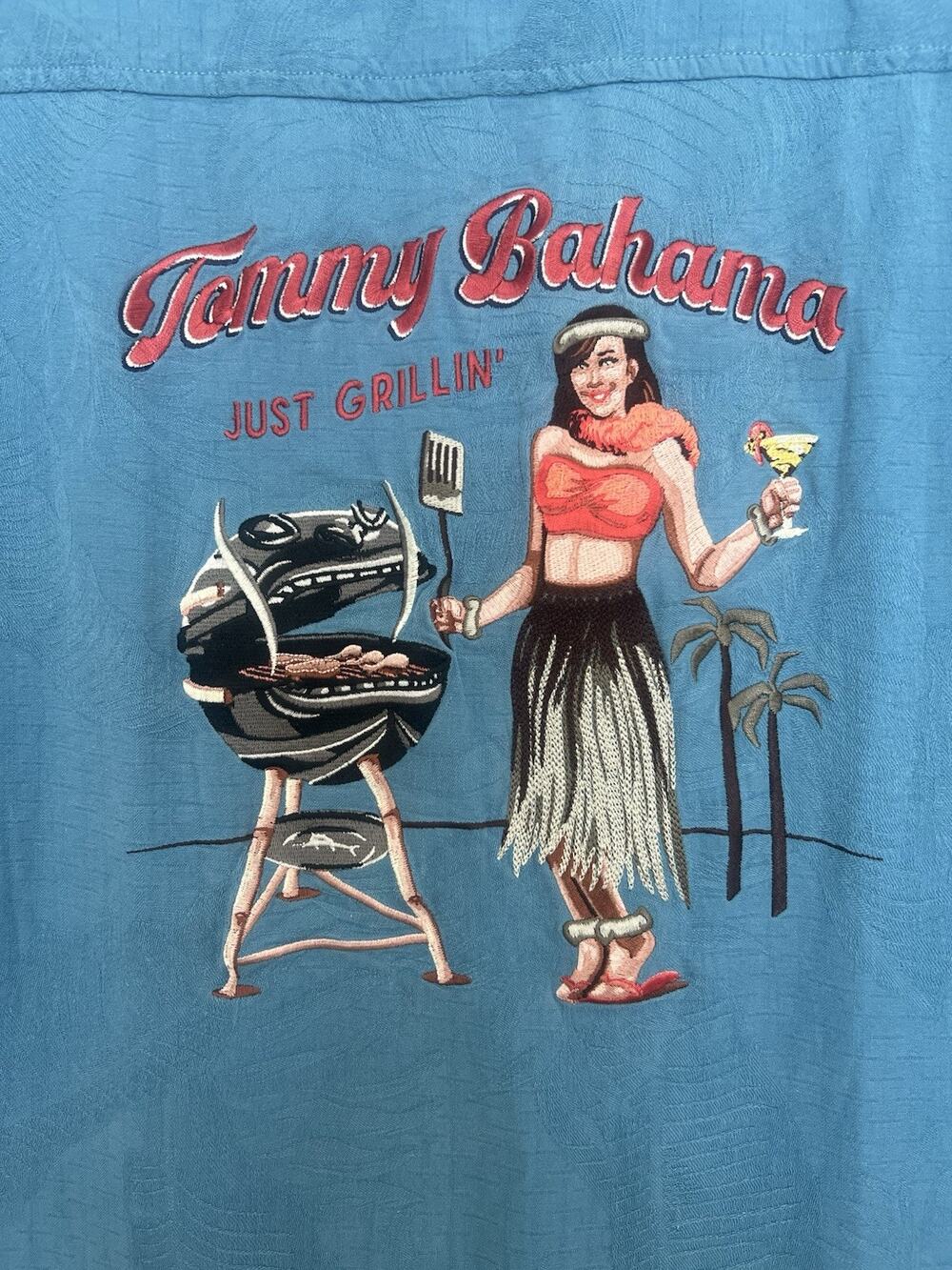 Tommy Bahama Shirt Mens XL Blue Jacquard Silk Embroidered Hula Girl Just Grillin